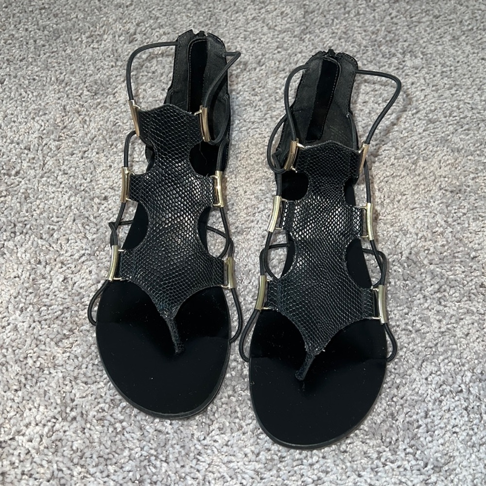 Aldo snakeskin gladiator ankle sandals with gold accents
